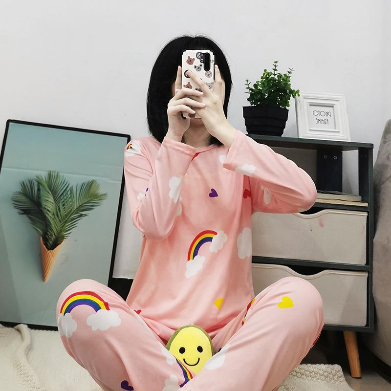 Women's Korean Style Pajama Set: Long Sleeve, Round Neck, Cute Cartoon Print, Comfortable for Spring & Autumn