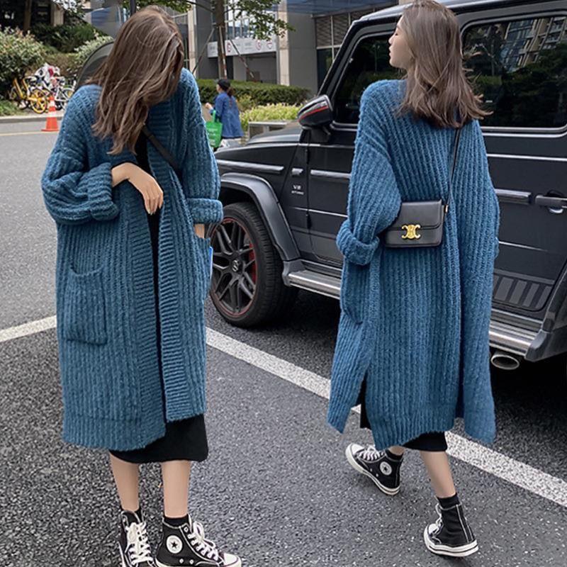 Autumn and Winter Ladies' Lazy Style Mid-Length Over-the-Knee Sweater Loose and Versatile Long-sleeved Knitted Cardigan