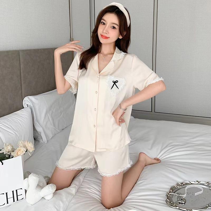 1011 new pajamas women's summer short-sleeved shorts set ice silk thin simple sweet style loungewear