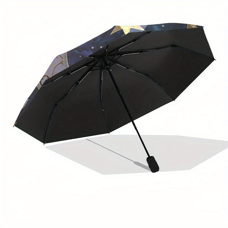 Starry Night Moon and Stars Decorative PlateUmbrella with Cute Design, Portable 3-Fold Compact Umbrella for Men & Women, Valentine's Day Mother's Day