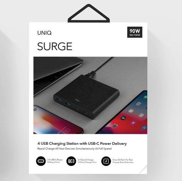 Ładowarka sieciowa 90W UNIQ Quick Charge 3.0 2xUSB + 2xUSB-C  Czarna
