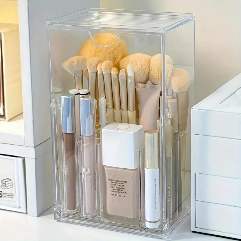 1PC Front Flap Lid Makeup Brush Holder Clear Cosmetic Brush Storage Box Makeup Brush  Slant Desk Makeup Tool Container