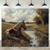 Cloth Background with Brown Horse Resting by the River with Ducks and Wild Flowers for Use in a Photographic Studio