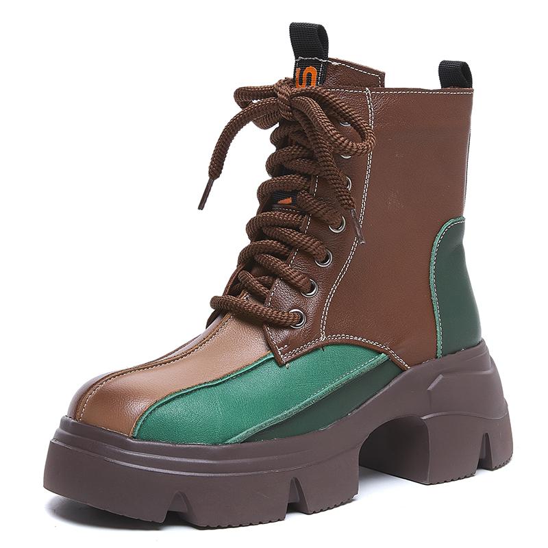 Fashion GKTINOO Retro Style Women Thick Soled Genuine Leather Mid-Calf Boots 2024 Autumn Winter Warm Platform Booties Zip Women's Shoes