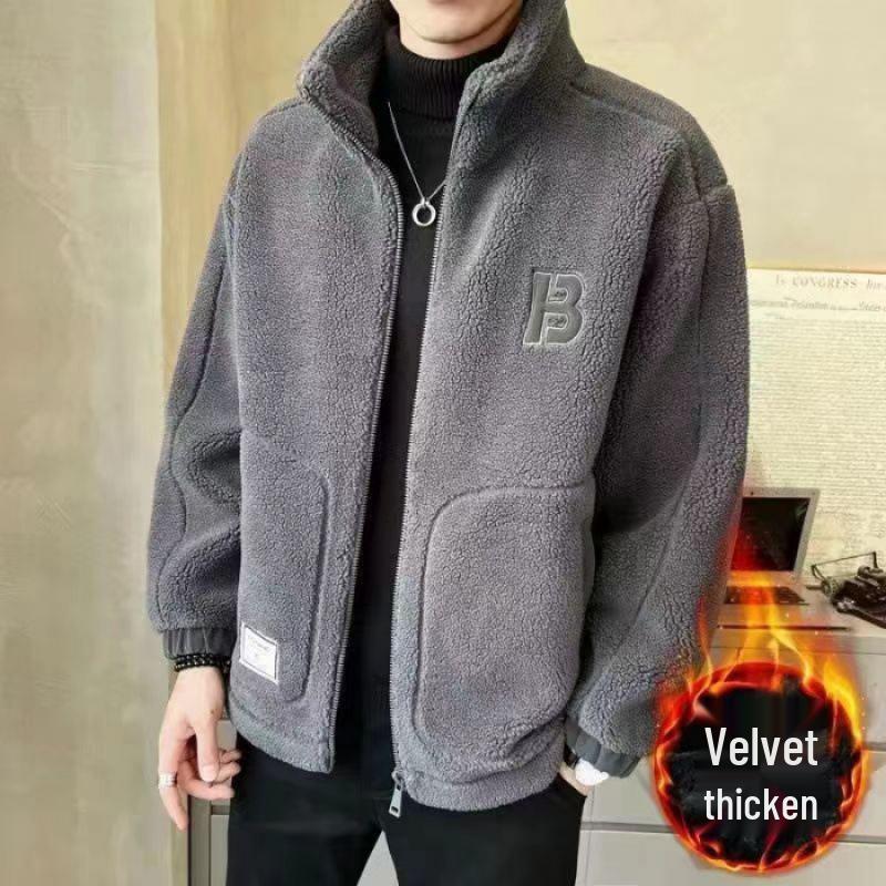 

Мужская куртка из европейской ягнячьей шерсти: Новая трендовая осенне-зимняя хлопковая верхняя одежда с толстым гранулированным вельветом. 5XL серый