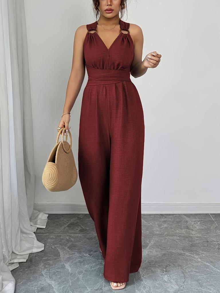 European Women's 2025 V-Neck Backless Cross-Waist Wide-Leg Jumpsuit