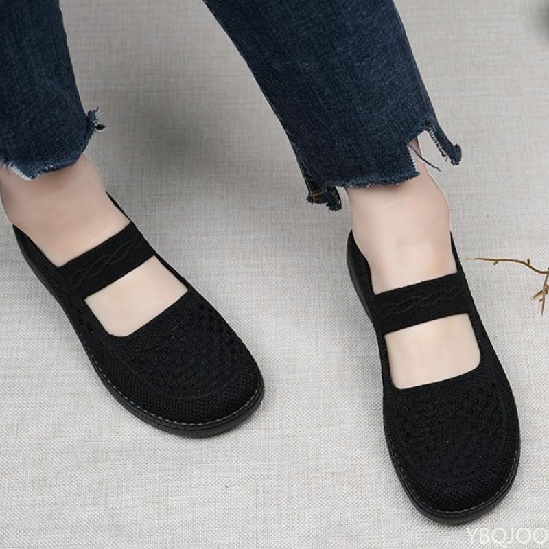 Fashion Mesh shallow mouth anti slip women's round toe flat shoes solid color knitted casual fashionable breathable flat shoes
