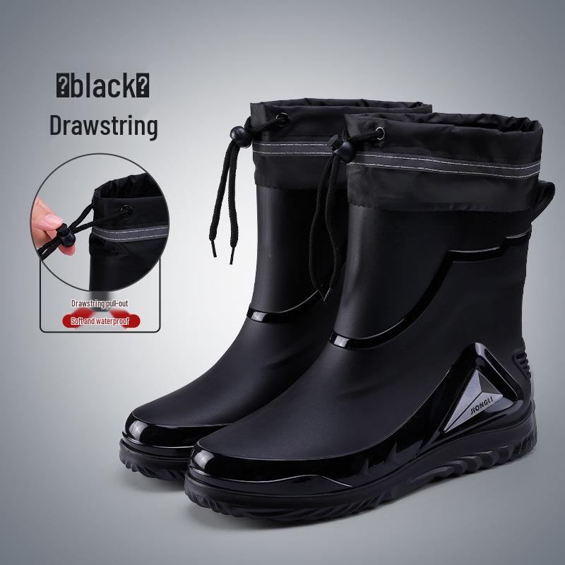 Men's Fleece-Lined Waterproof Rubber Rain Boots Non-Slip Warm Outdoor Kitchen Footwear