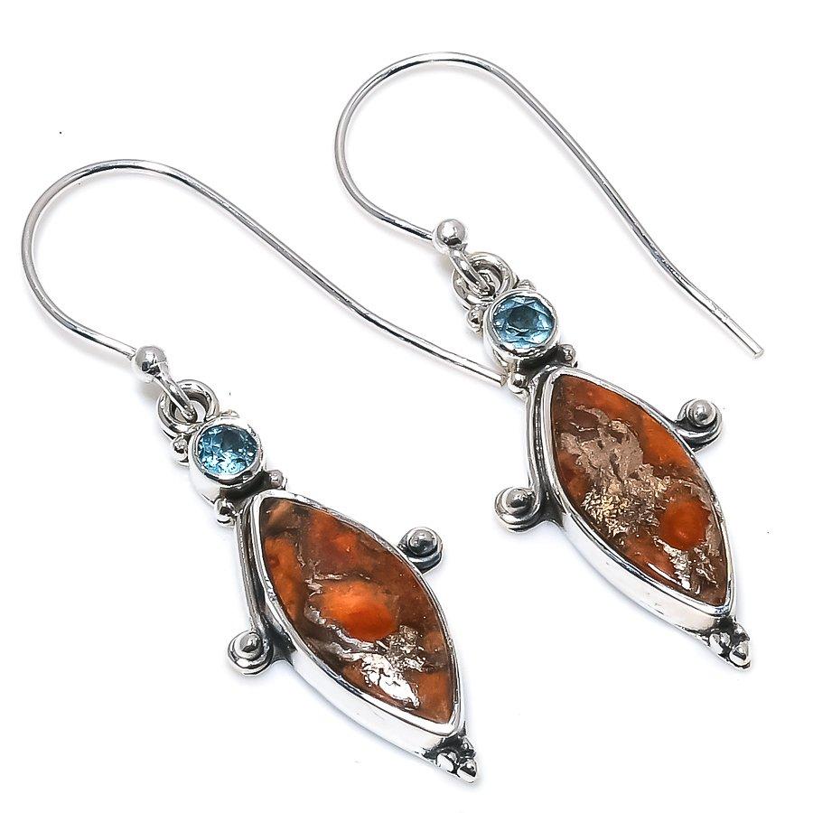 Natural Orange Copper Turquoise, Blue Topaz 925 Solid Silver Earring 1.50" F4p67