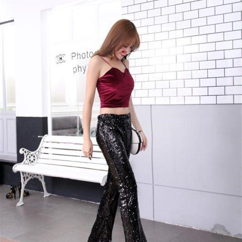 

New Sexy Nightclub WOMEN S Sequin Flared Trousers Black L