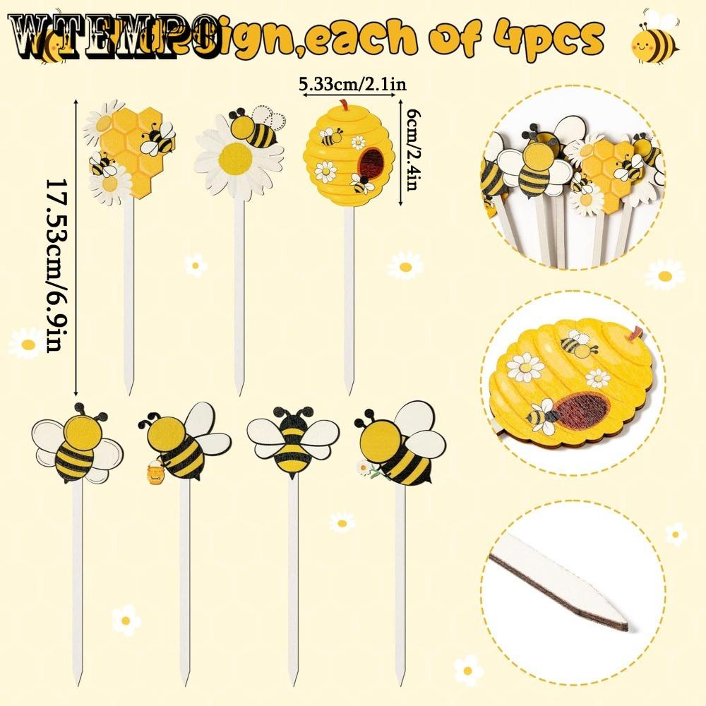 14pcs Bee Double-Sided Wooden Picks - Cute Honeybee Wooden Decorative Pick for Home Vase Filler Colorful Wood Bee Nectar Decorative Pick