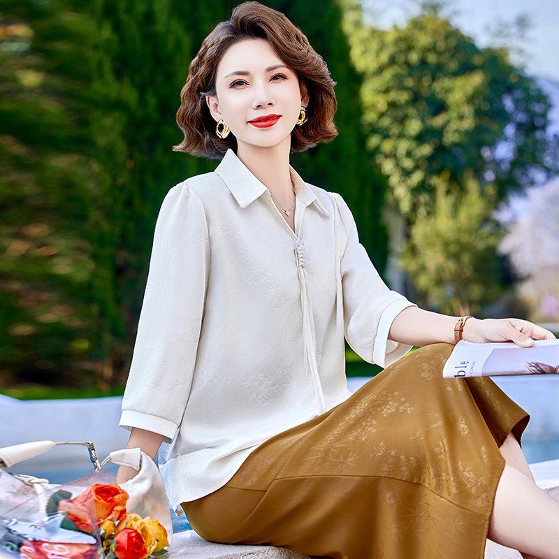 

2026 Stylish Chinese-Style Seven-Sleeve Top: Fashionable, Loose Fit for Middle-Aged & Elderly Mothers 5XL (Recommended for 75-82.5 kg) грязно-белый
