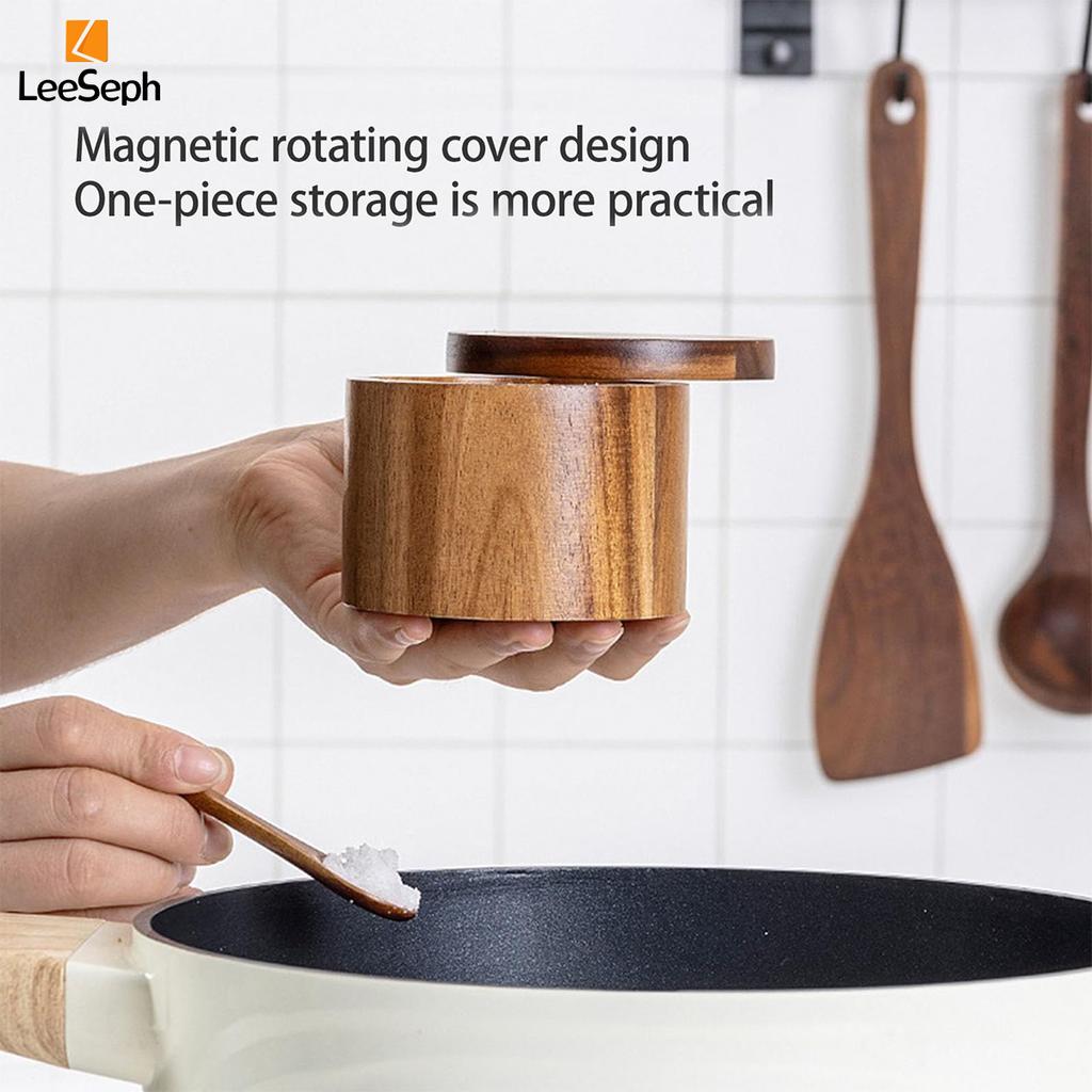 Acacia Wood Salt and Pepper Cellar with Magnetic Swivel Lid and Wood Spoon, Seasonings Container Holder for Spices Sugar Pepper