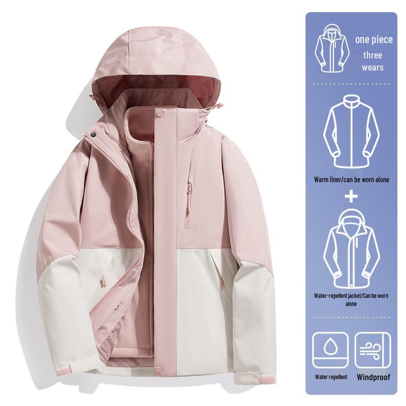 

Женская розовая водонепроницаемая куртка 3-в-1 с флисовой подкладкой Woodpecker для осени/зимы 2024 - Идеально подходит для Тибета. XL