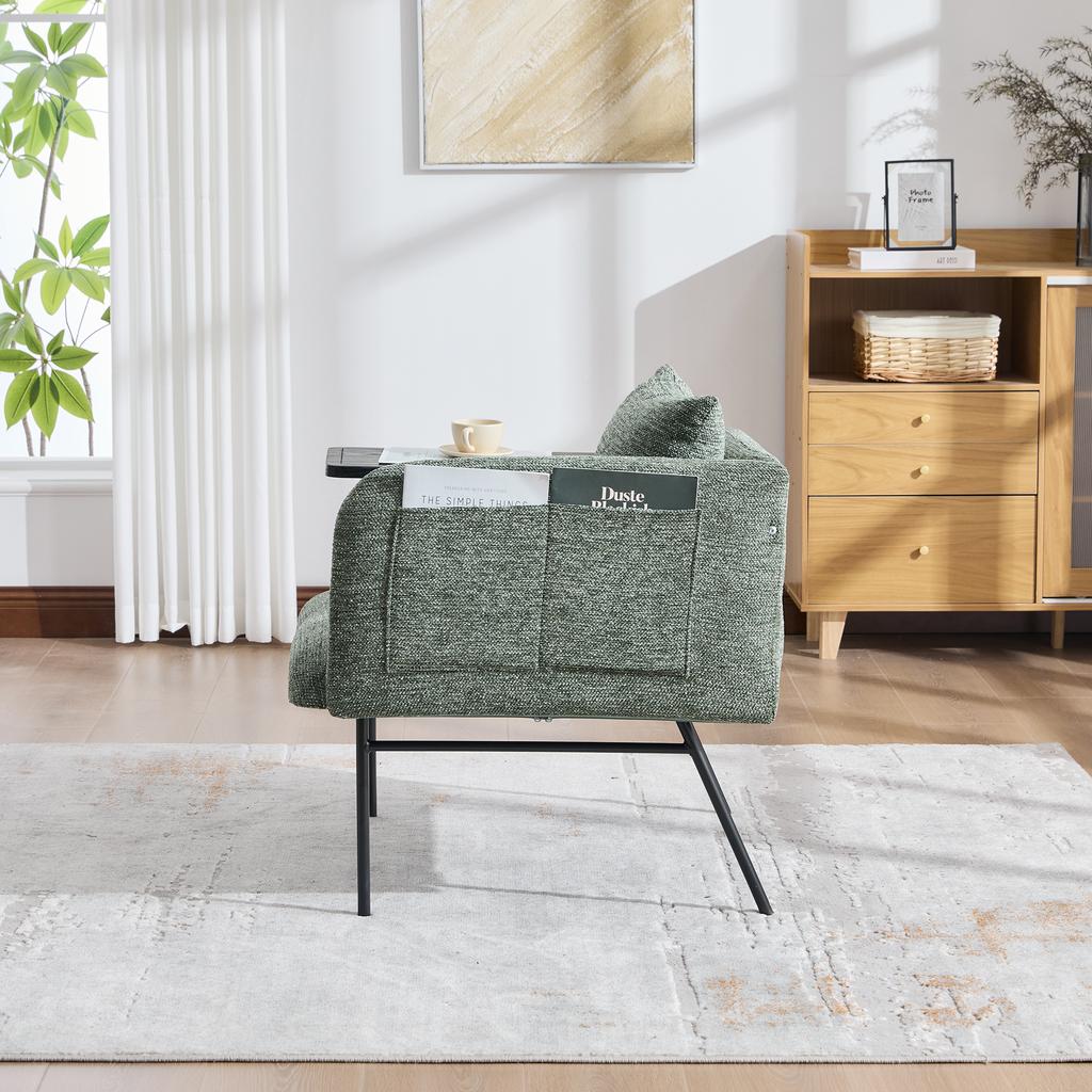 Modern single armchair with comfortable fabric backrest and two storage compartments, complemented by a practical side table.