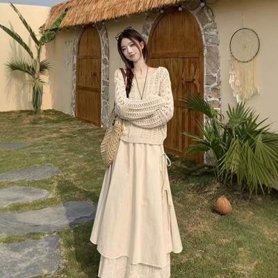 Set Spring and Autumn New Lazy Crochet Hollow Blouse Top Knitted Sweater Bust Skirt Gentle Two-piece Set