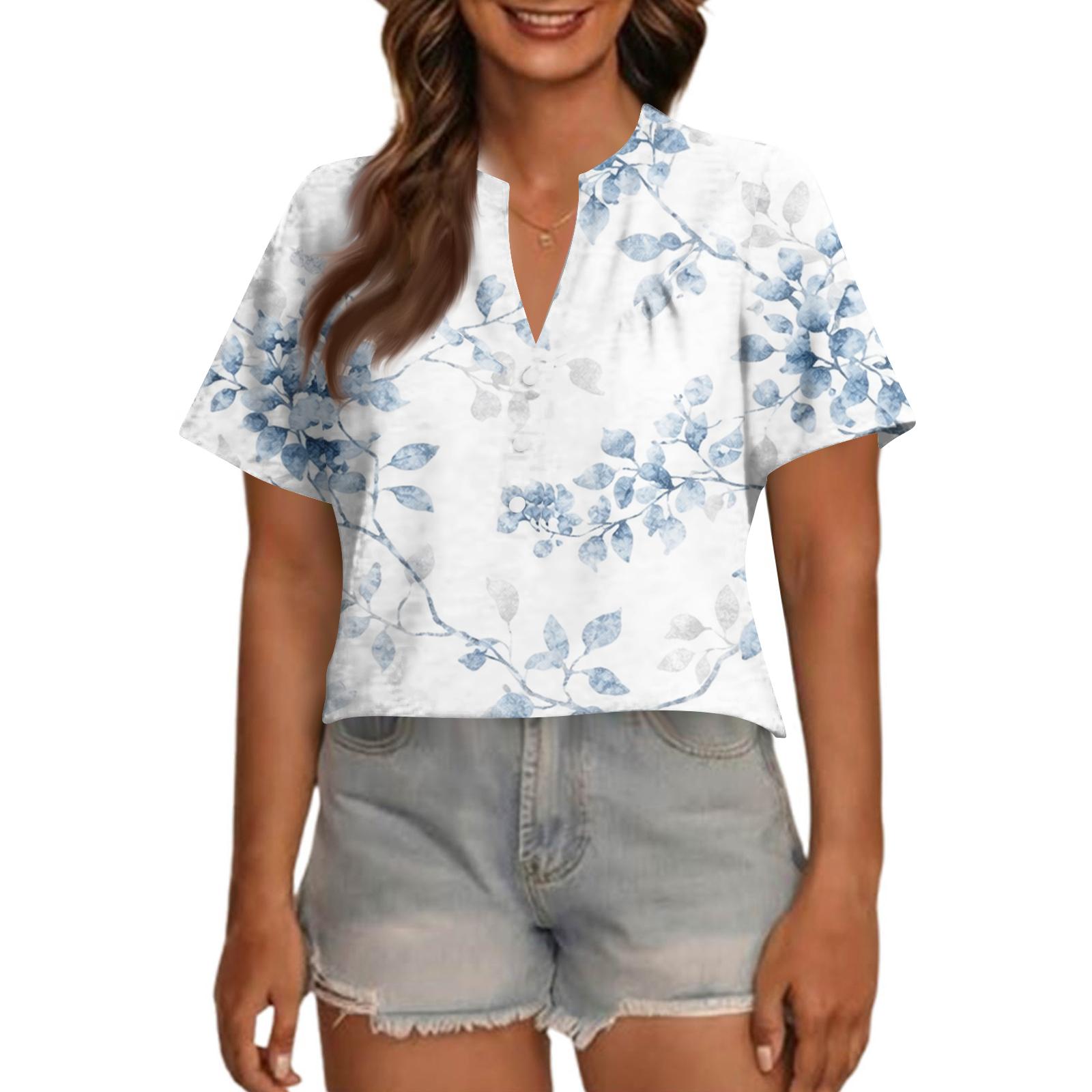 

Women s Fashionable Casual V Neck Button Up Oversized Short Sleeve Printed Top XXXXXL білий