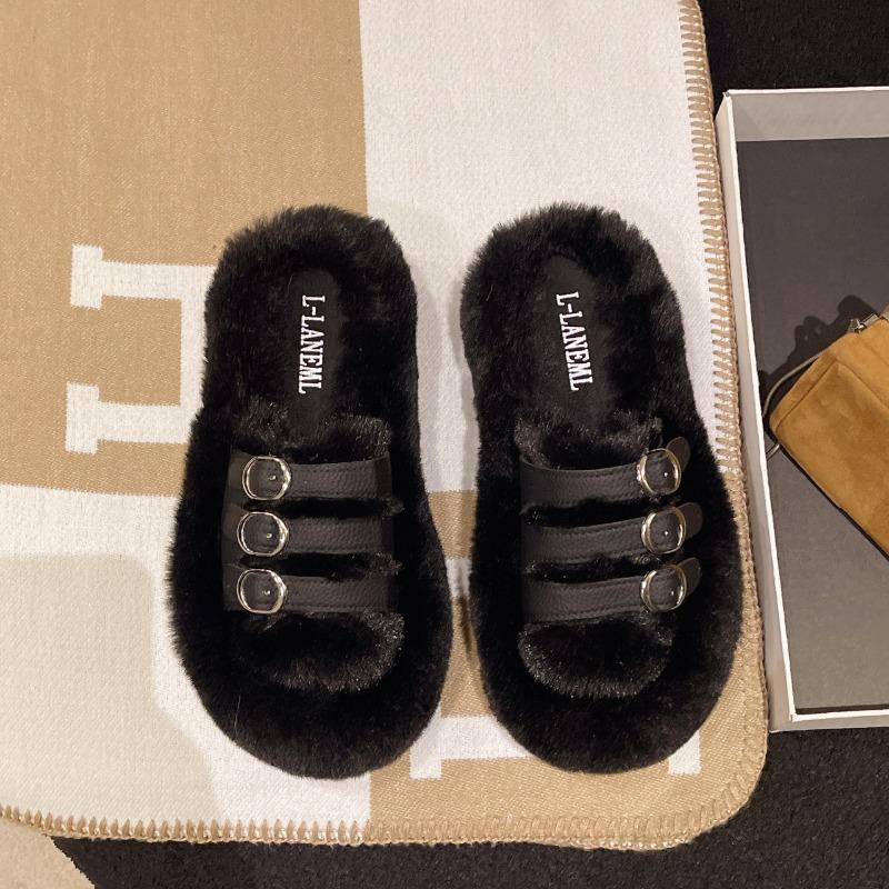 

Большой размер осень и зима новые модели, верхняя одежда толстая подошва пряжка ремня универсальные модные слова пушистые тапочки женские 42 чёрный