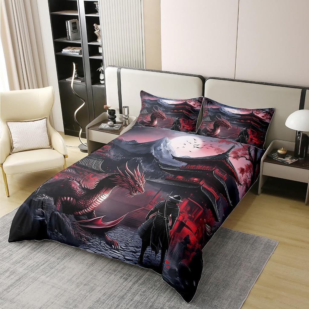 Dragon Duvet Cover 100% Polyester Queen Size Samurai Cover Set Japanese Style 3D Dragon Theme Bedding Set Red Room Decor