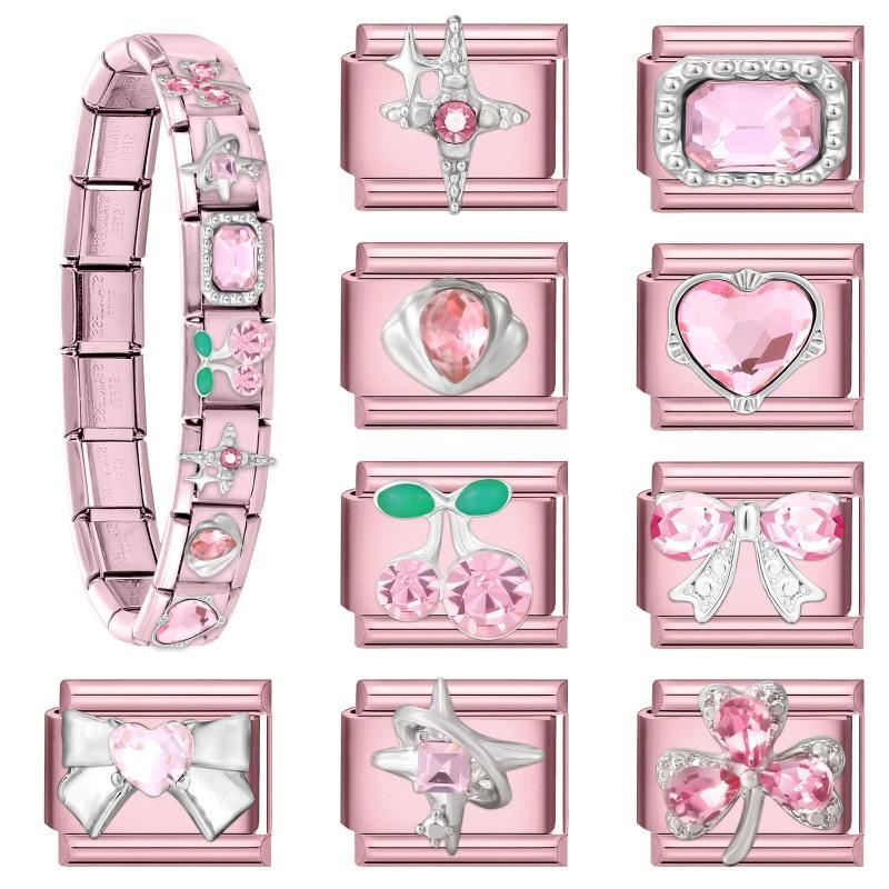 Fashion Zircon Pink Butterfly Star Bow Flower Rabbit Italian Charm Links Fit 9MM Stainless Steel Bracelet Women DIY Making Gift