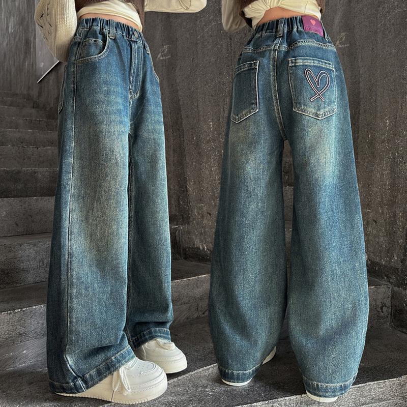 Weite Jeans für Teenager-Mädchen Frühling Koreanisch Lässig Retro Blaue Denim-Hose Mode Elastische Taille Hose für Kinder
