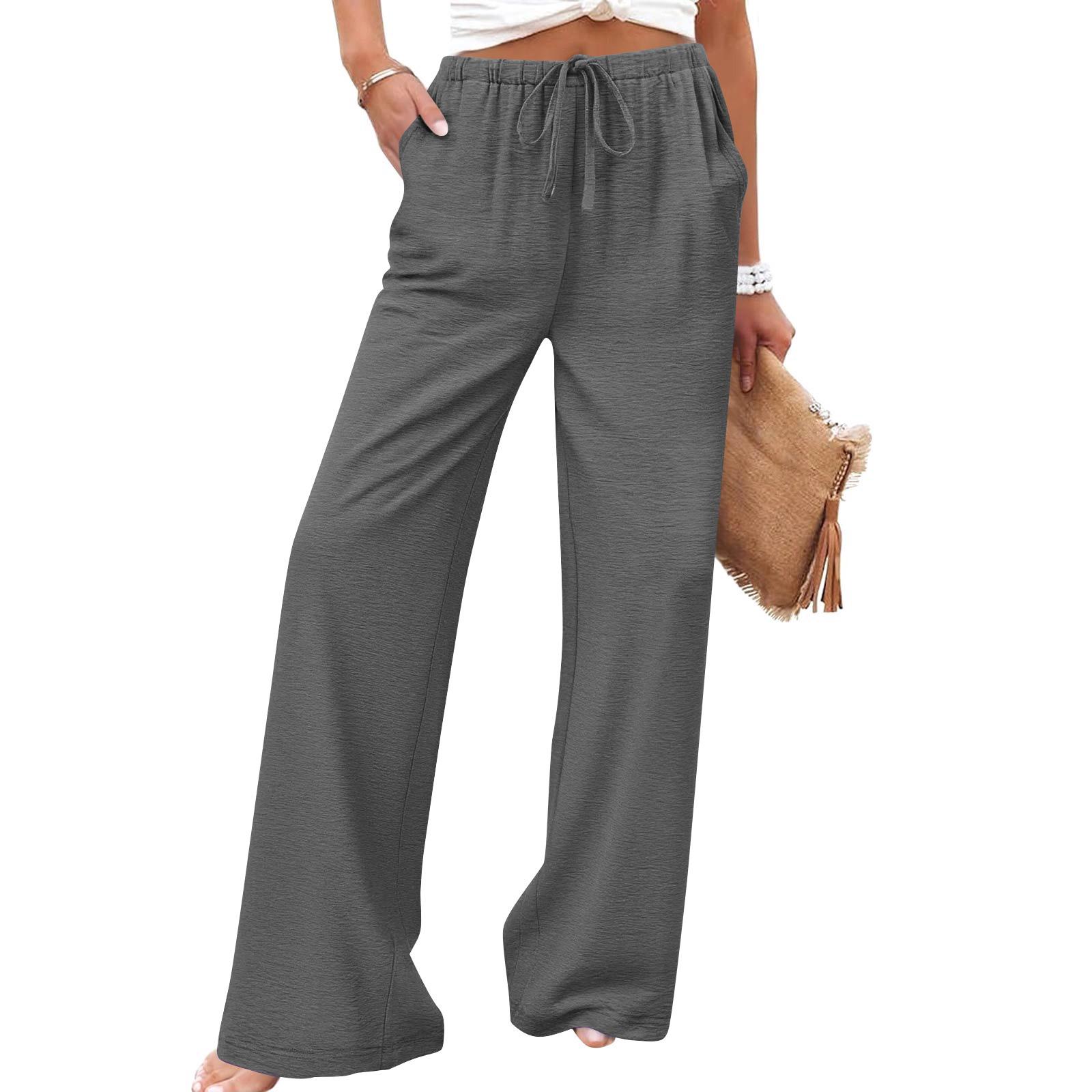 

2026 Trendy Women s Wide Leg Elastic Waist Pants with Pockets - Solid Color, Casual Fit XXL темно-серого