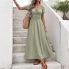 Summer New French Retro Style Square Neck Solid Color Short Sleeved Waist Cinching Dress