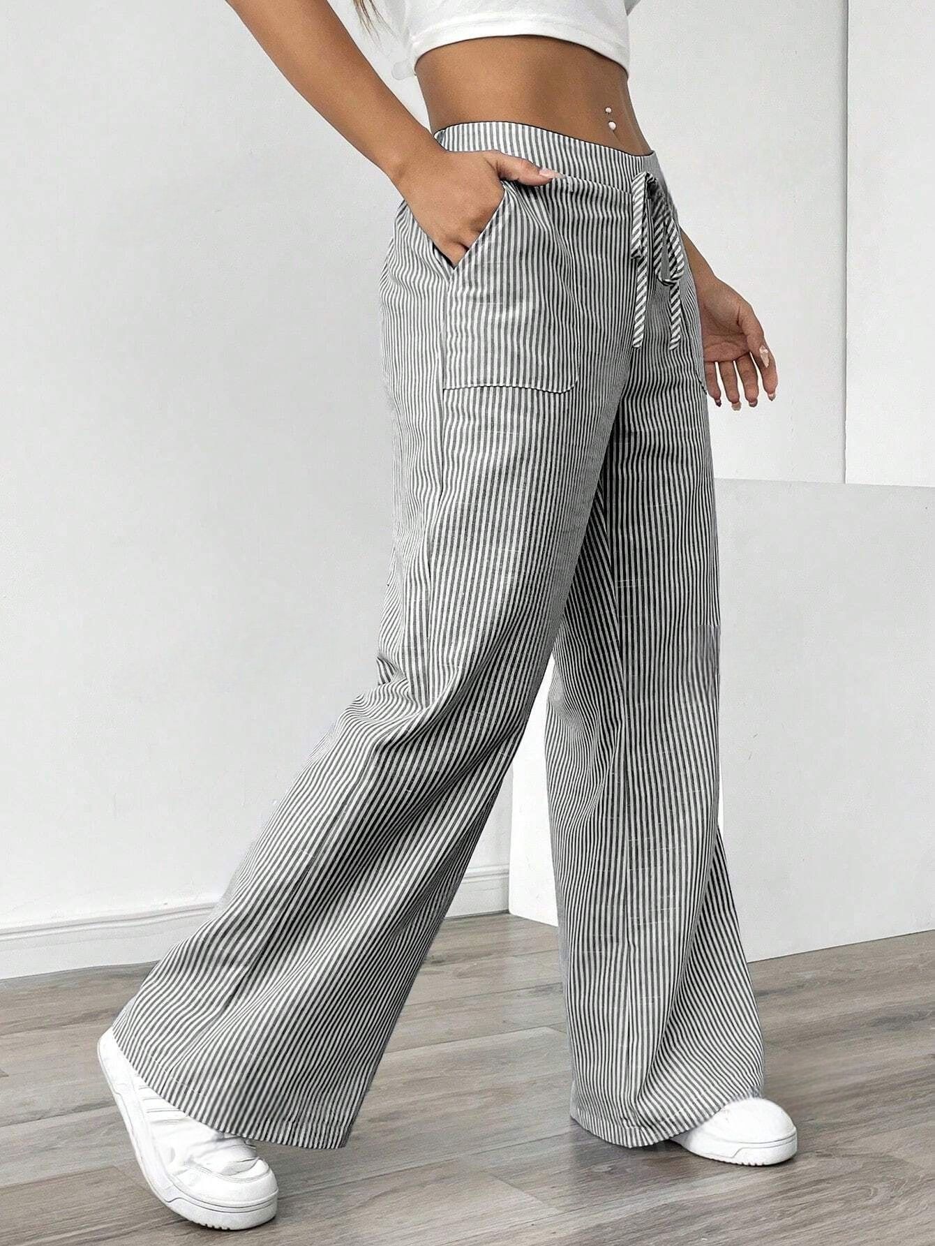 

Women s Striped Drawstring Waist Wide Leg Pants in Multiple Colors S серый