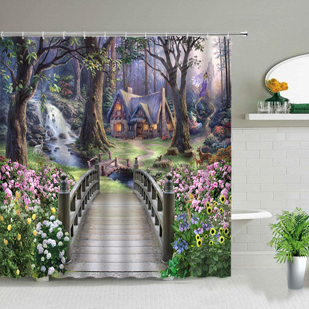 Forest Landscape Shower Curtains Green Tropical Plant Palm Tree Flower Leaves Garden Natural Scenery Bathroom Decor Bath Curtain