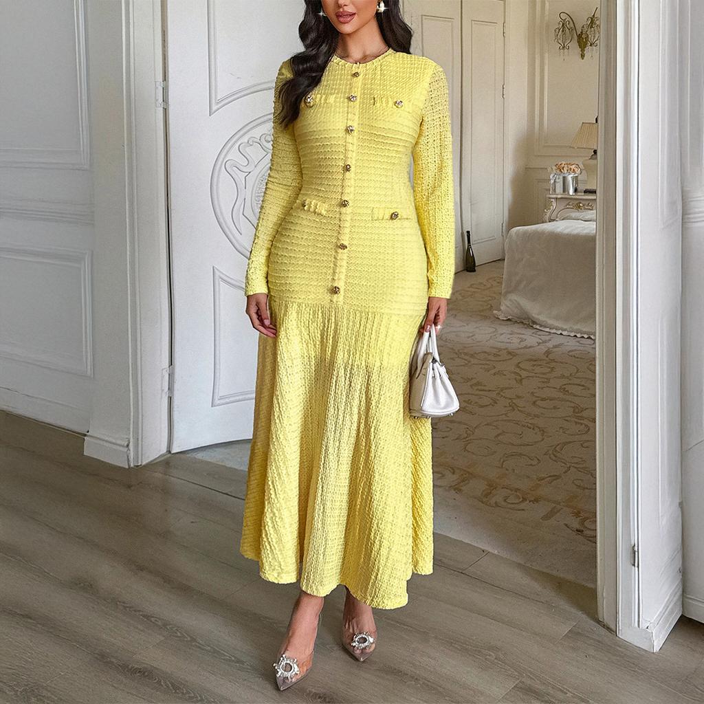 Elegant Short-sleeved Solid Color Long Skirt Dress for Women 2025 Autumn and Winter