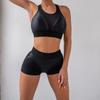 Black Breathable Yoga Set Women Mesh Sports Set 2 Pieces Gym Suits Push Up Bra+High Waist Shorts Sportwear