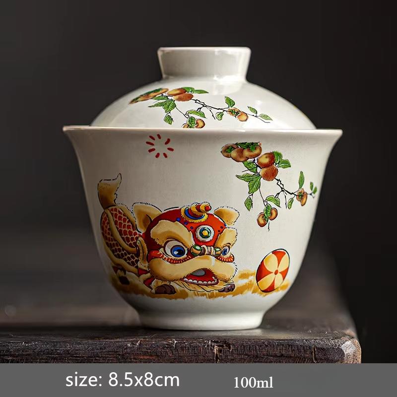 

Ceramic Handmade Gaiwan Creative Color Painting Lion Tea Tureen Portable Office Tea Bowl with Cover Teacup Chinese Tea Set