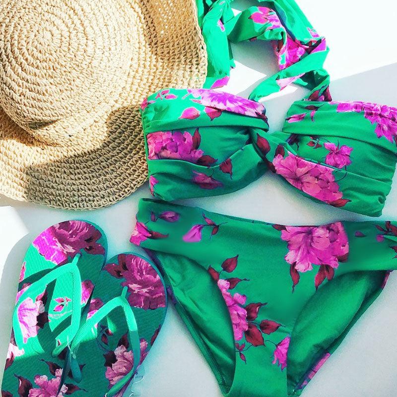 1011 European and American new bikini neck sexy printed split swimsuit and wrap skirt set 1111 quick drying