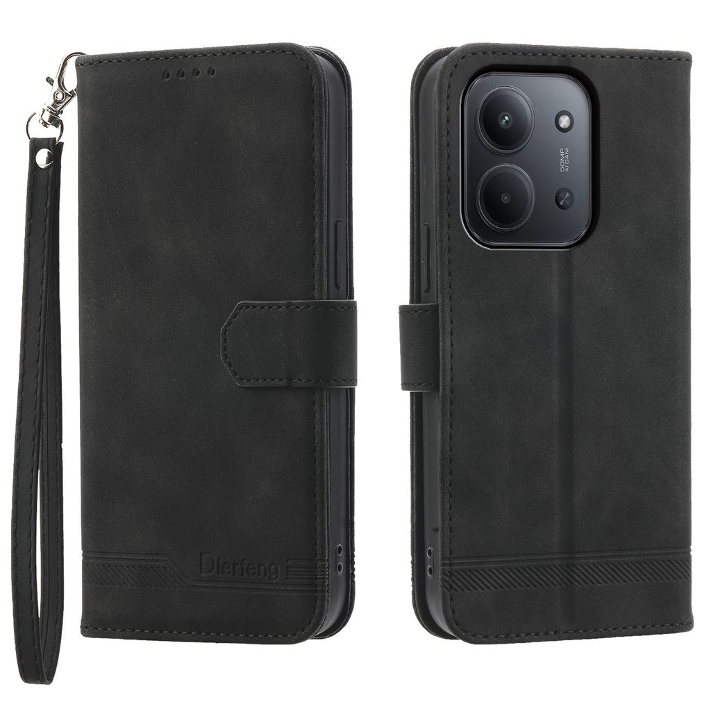 DIERFENG DF-03 For Xiaomi Redmi 15C 5G (EU) (173mm)/4G (EU) (173mm) Case Lines Imprint Wallet Leather Phone Cover with Wrist Strap