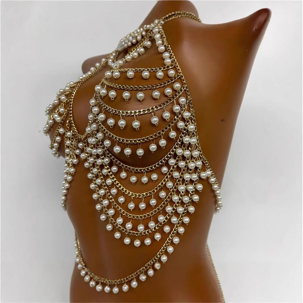 Women's Multi Layer Pearls Beaded Halter Neck Bra Chain Crop Top Hollowed Body Jewelry Camisole Chest Chain for Festival