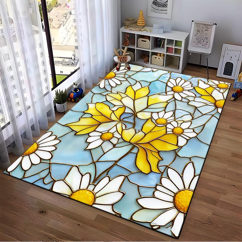 "Buntglas-Stil Teppich mit Gänseblümchen und gelben Blättern Muster" Geeignet für die Verwendung als Antirutsch für Wohnzimmer Schlafzimmer Sofas
