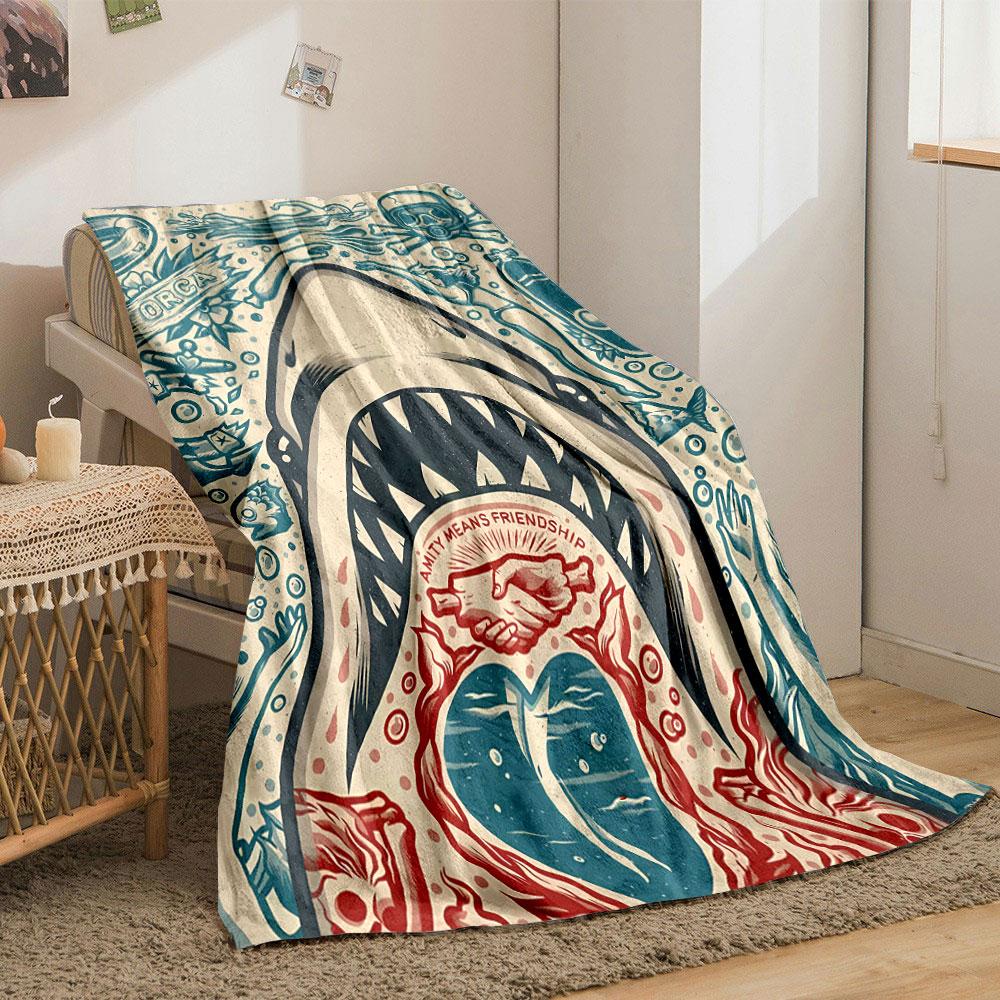 A Shark with Open Jaws Surrounded by Ocean-themed Illustrations and Symbols. for All Seasons Blanket Lunch Break Throw Gift