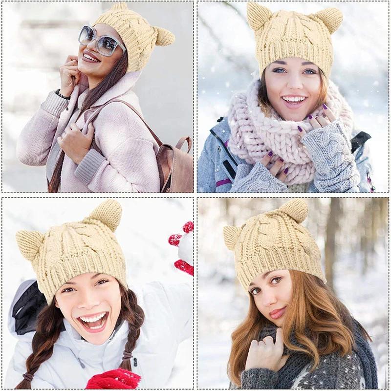 New Lovely Cat Ears Knitted Hat Fashion Women Solid Color Winter Warm Crochet Braided Beanie Hats Casual Girl Kawaii Wool Cap