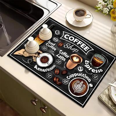 Vintage Coffee Print Kitchen Drying Mat Super Absorbent Stain-Hiding Dish Pad with Non-Slip for Coffee Machines  Countertops