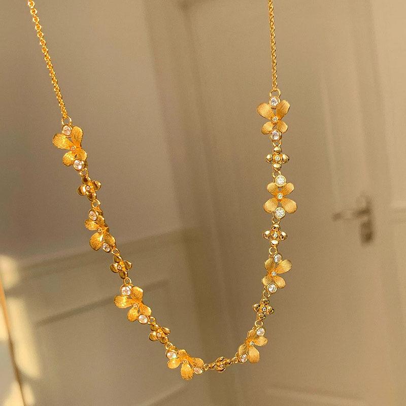 Vintage bubble sparkling diamond inlay brushed floral necklace high-end chain bracelet frosted exquisite wedding  sets