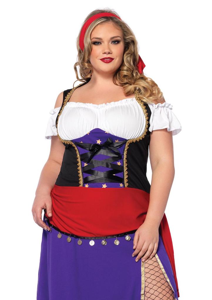 LEG AVENUE Traveling Gypsy Dress with Slit Skirt and Sizes Headscarf, 2-Piece Costume, Purple/Black, Women's, 1X/2X