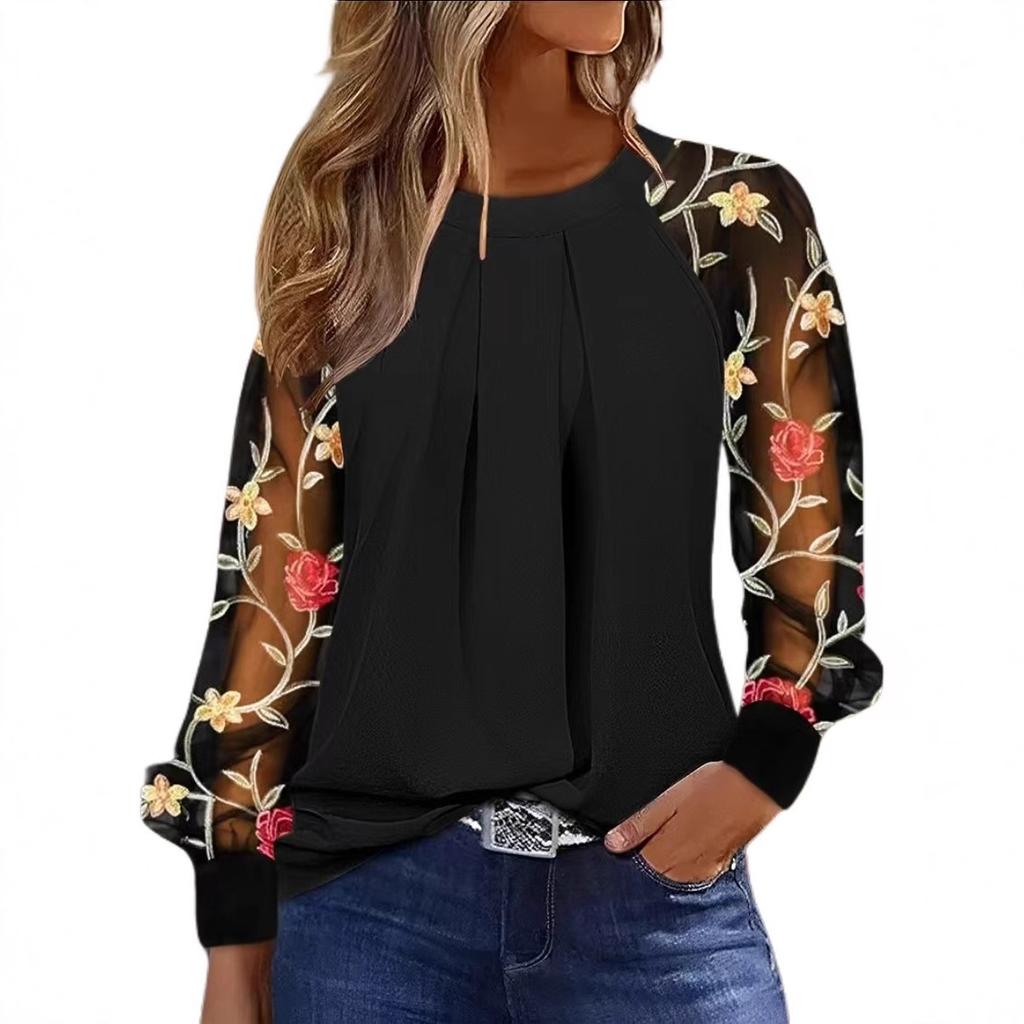 Autumn Long Sleeve Fashion Crew Neck Lace Splicing Shirt Shirt Women's Clothing
