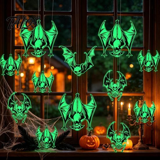 Double Sided Hanging Bats Halloween Glow-in-the-Dark Bat Wall Stickers, Luminous Decals, Spooky Window Clings Indoor Outdoor Yard Tree Party