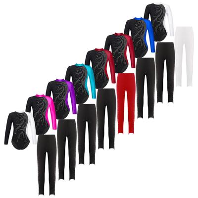 Kinder Mädchen Langarm Ballett Übung Tanzbekleidung Gymnastik Trikot Eislaufen Wettbewerb Tanzkostüm mit Hose Outfit