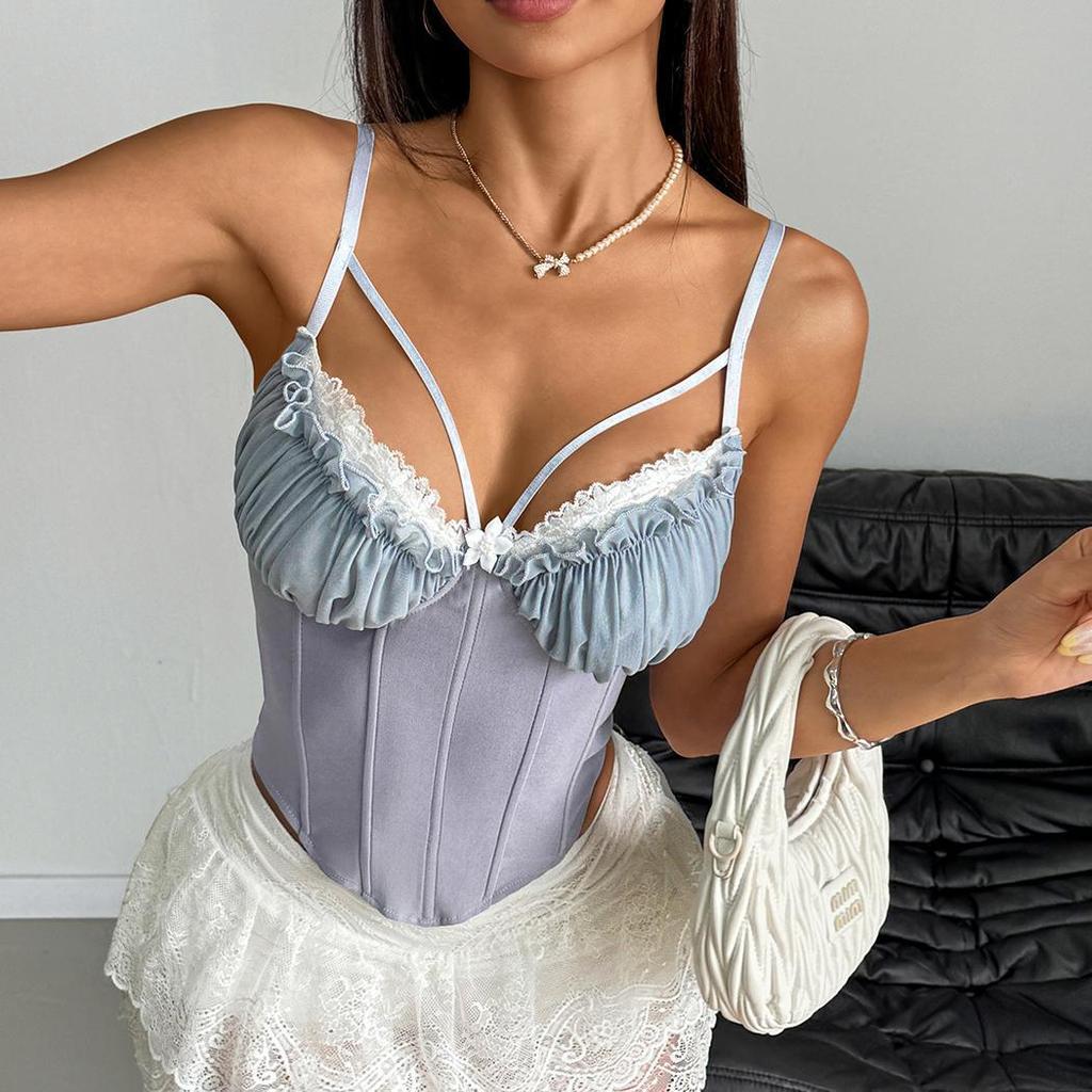 Women's Sexy Perspective Mesh Splicing Lace Chest Cotton Spice Girl Halter Fishbone Premium Sling Vest Women