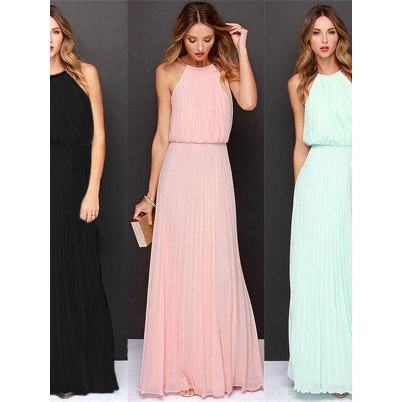 

Hanging Neck Sleeveless Pleated Dress Halterneck Sleeveless Pleated Long Dress 8002 light blue M