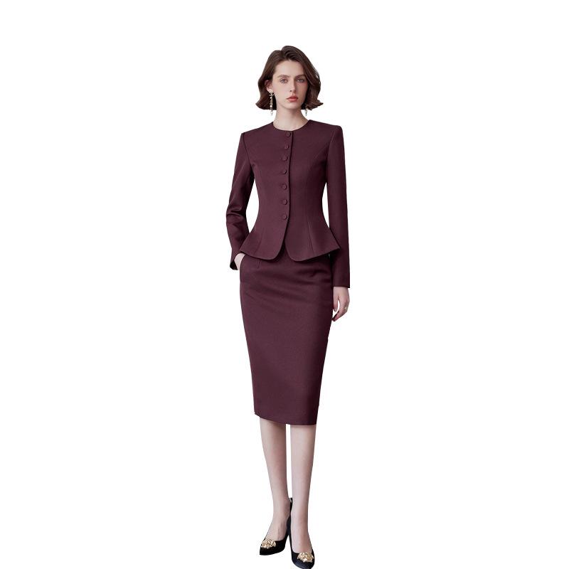 AD Ancora Women's Red Slim-Fit Round Neck Suit Jacket and Skirt Set - High-End Socialite Style for Professional Commute