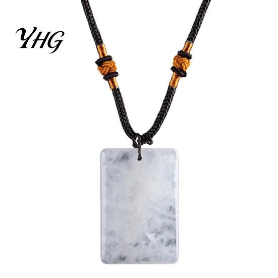 Rectangle Faux Gemstone Necklace Natural Crystal Pendant Necklace, Healing Energy Stone with Adjustable Adults Braided Rope, Polished Fake Jewelry for
