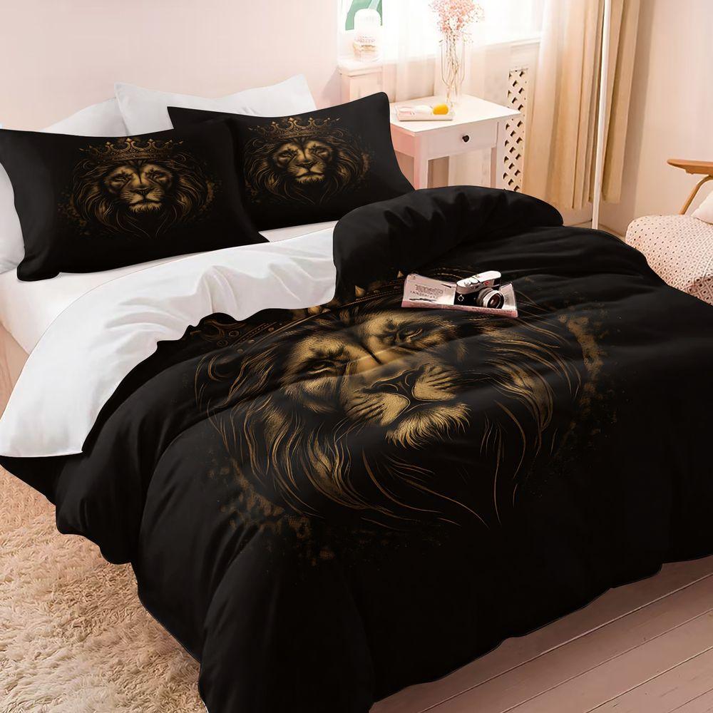 2/3Pcs Luxury Lion King Crown Duvet Cover Set(1 Duvet Cover & 1/2 Pillowcase) Soft Bedding Set Modern Home Bedroom Decor