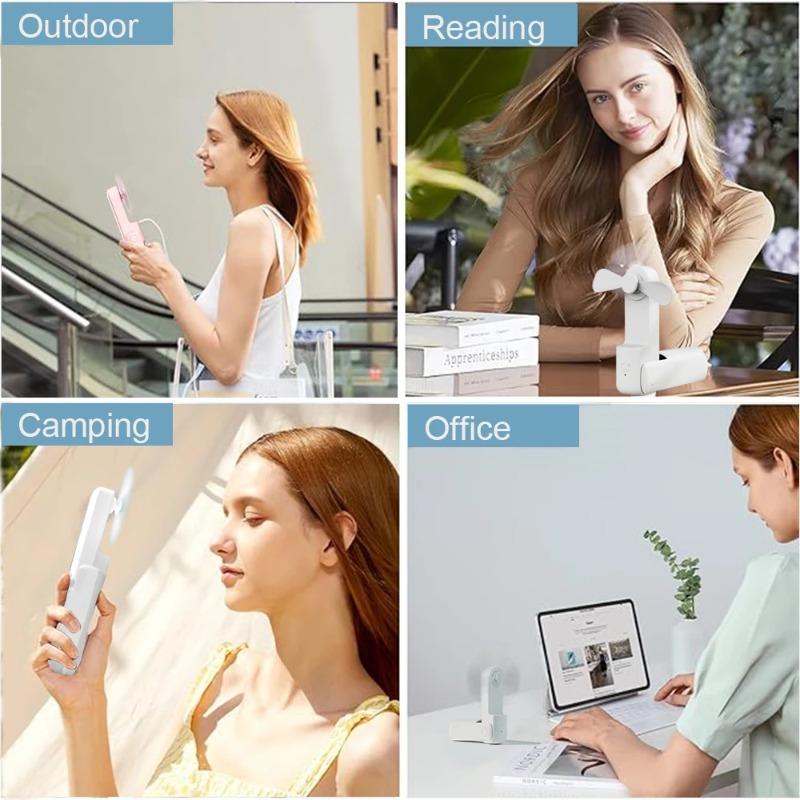 Cute Mini Handheld Fan USB Emergency Power Bank Desktop Office Silent Folding Fan Hand Held Fan with 2000mAh Power Bank 3 Gears